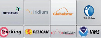 Imagen compuesta por ocho logotipos de empresas y servicios satelitales dispuestos en dos filas de cuatro. En la primera fila aparecen, de izquierda a derecha: Inmarsat (texto gris con símbolo de ondas verdes y azules), Iridium (texto gris con puntos naranjas formando una constelación), Globalstar (texto naranja con un arco), y Thuraya (símbolo azul de una figura humana estilizada junto al texto).
En la segunda fila: Tracking (letra “T” en rojo dentro de un círculo), Pelican (texto negro con silueta amarilla de pelícano), Beam (texto gris con símbolo triangular rojo), y VMS con el logotipo azul de la NOAA (National Oceanic and Atmospheric Administration).
El fondo es gris metálico y todos los logotipos están centrados dentro de recuadros.