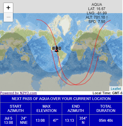 Mapa mundial con fondo azul que muestra la trayectoria orbital del satélite AQUA, representada por una línea roja curva que cruza desde el hemisferio sur hasta el norte, pasando cerca de Centroamérica. En el centro del recorrido se muestra un ícono del satélite.
En la esquina superior derecha se indican sus parámetros actuales:
LAT: 16.67
LNG: –81.99
ALT: 701.10 km
SPD: 7.50 km/s
Debajo del mapa, un recuadro azul resume el siguiente paso del satélite sobre la ubicación del observador:
Fecha: 5 de julio
Inicio: 13:08 (acimut 24° NNE)
Elevación máxima: 47° a las 13:08
Fin: 13:13 (acimut 354° N)
Duración total: 5 minutos y 40 segundos
Hora local: GMT–6.