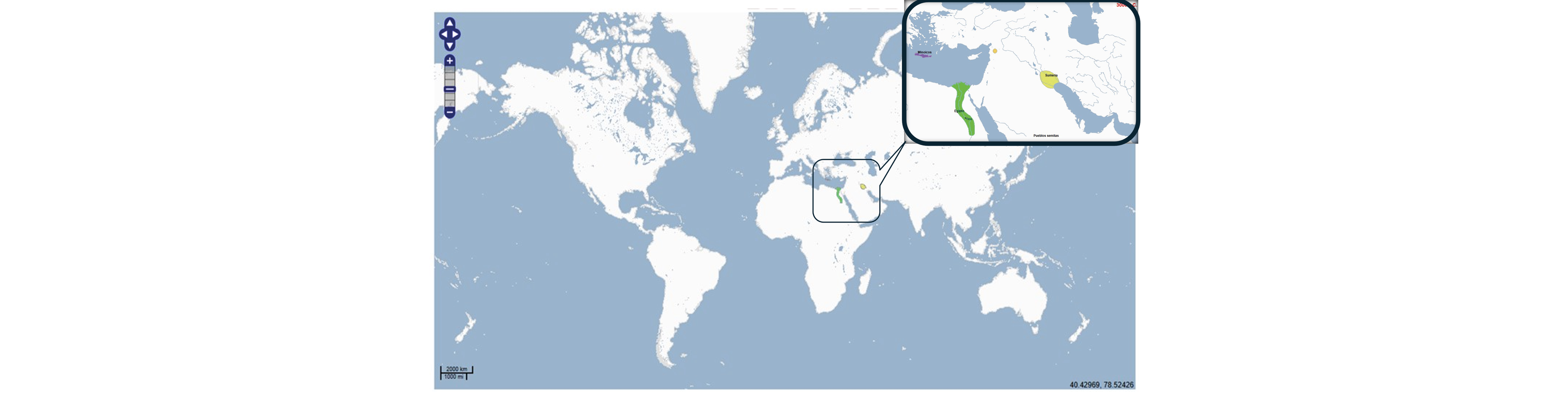 Mapamundi, con la ubicación de las civilizaciones egipcia y mesopotámica resaltadas.