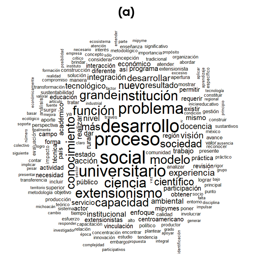 Nube de palabras en español con términos relacionados con la extensión universitaria. Las palabras más destacadas por su tamaño son: 'desarrollo', 'proceso', 'social', 'universitario', 'problema', 'institución', 'función' y 'extensión'. Alrededor se encuentran otras palabras más pequeñas como 'conocimiento', 'ciencia', 'capacidad', 'modelo' y 'tecnológico'. El tamaño de cada palabra refleja su frecuencia o relevancia en el texto original.