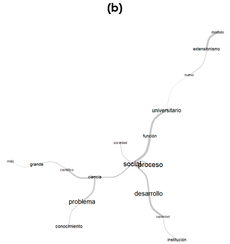 Mapa conceptual centrado en el término 'socioproceso', del cual se desprenden tres ramas principales: 'universitario', 'desarrollo' y 'problema'. De 'universitario' surgen los conceptos 'nuevo', 'extensionismo' y 'modelo'. De 'desarrollo' se derivan 'institución' y 'capacidad'. También se conecta directamente con 'función' y 'sociedad'. La rama de 'problema' incluye 'ciencia', 'científico', 'grande' y 'más'