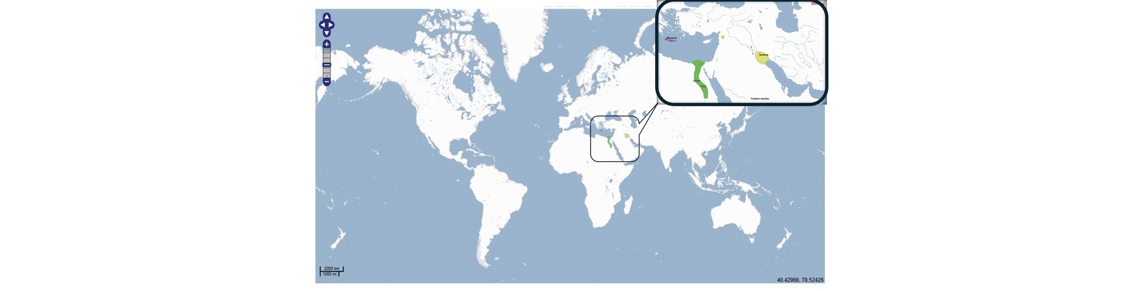 Mapamundi, con la ubicación de las civilizaciones egipcia y mesopotámica resaltadas.