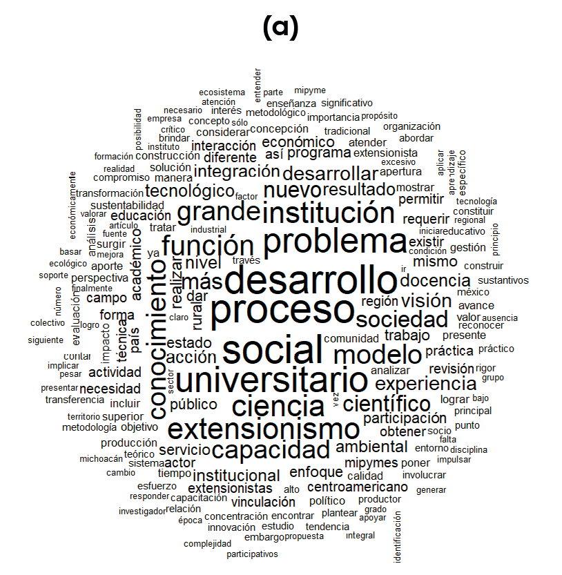 Nube de palabras en español con términos relacionados con la extensión universitaria. Las palabras más destacadas por su tamaño son: 'desarrollo', 'proceso', 'social', 'universitario', 'problema', 'institución', 'función' y 'extensión'. Alrededor se encuentran otras palabras más pequeñas como 'conocimiento', 'ciencia', 'capacidad', 'modelo' y 'tecnológico'. El tamaño de cada palabra refleja su frecuencia o relevancia en el texto original.
