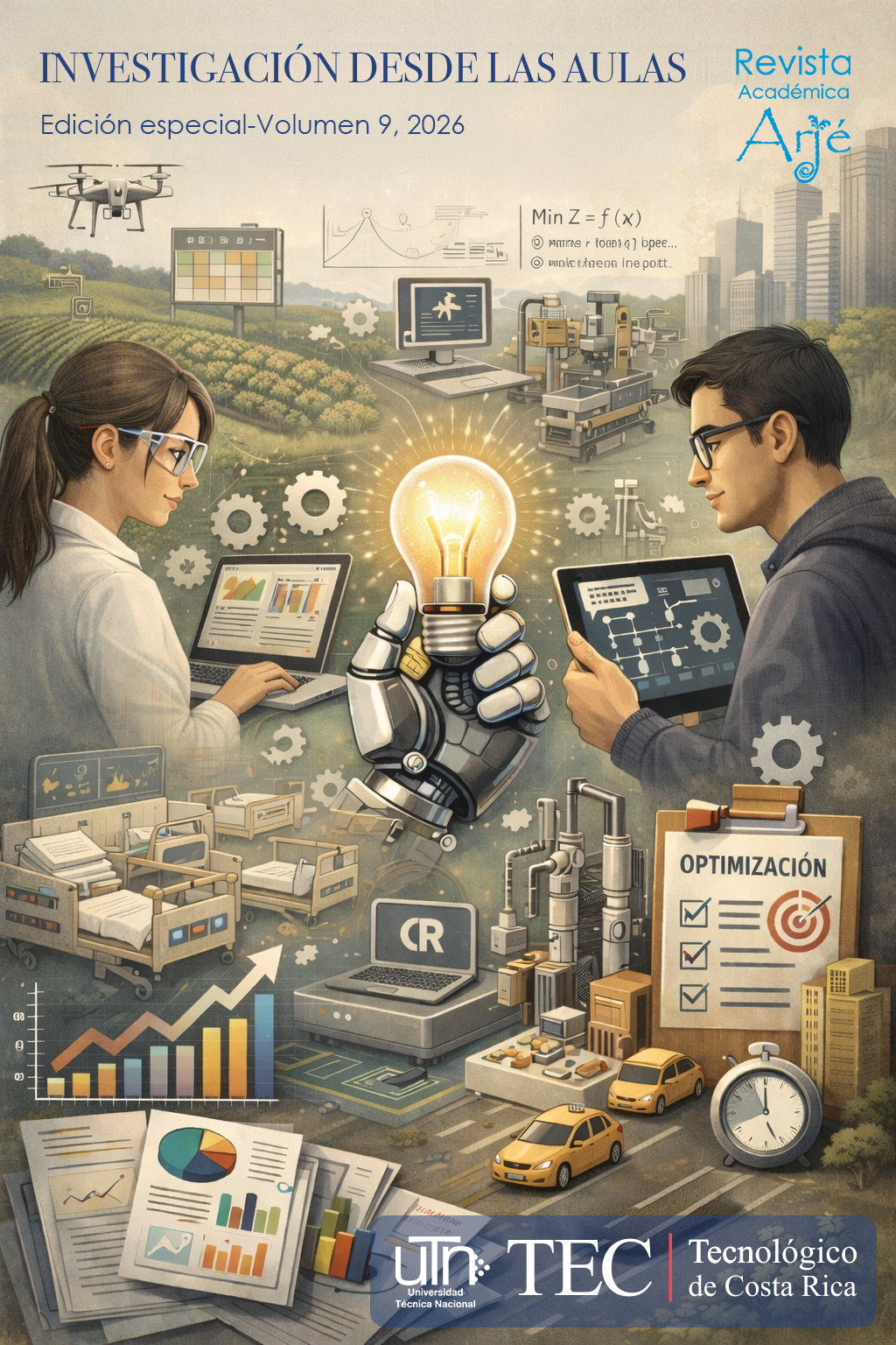 La portada presenta el título de la edición especial, Investigación desde las aulas, los logos de la Revista Académica Arjé, la Universidad Técnica Nacional y del Instituto Tecnológico de Costa Rica, y la ilustración digital de dos estudiantes rodeados de elementos representativos de las temáticas abarcadas en este número.