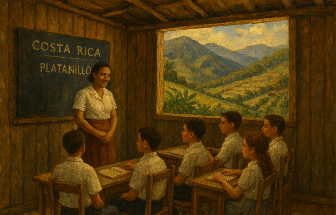 Maestra de una zona rural, dando clases. Desde la ventana del aula, se aprecian las montañas. Imagen generada en Copilot IA por Ana Isabel Hernández González